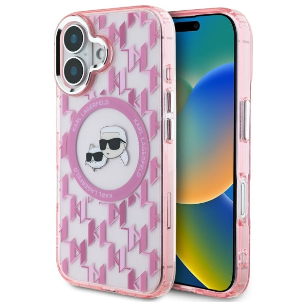 MagSafe Hülle für Apple iPhone 16, Karl Lagerfeld, IML Monogramm Karl & Choupette's Köpfe, Rosa