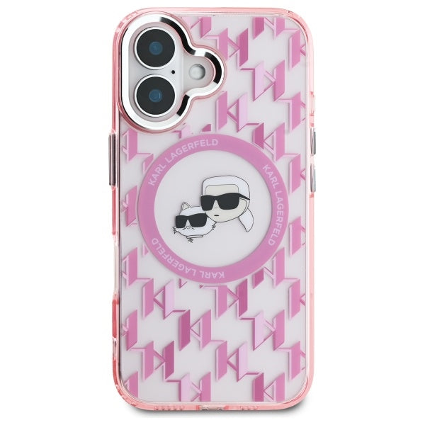 MagSafe Hülle für Apple iPhone 16, Karl Lagerfeld, IML Monogramm Karl & Choupette's Köpfe, Rosa