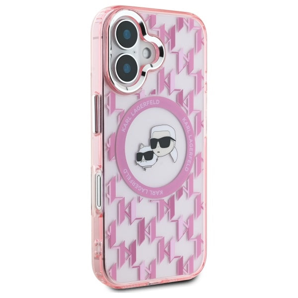 MagSafe Hülle für Apple iPhone 16, Karl Lagerfeld, IML Monogramm Karl & Choupette's Köpfe, Rosa