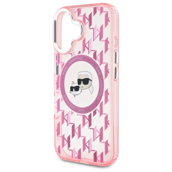 MagSafe Hülle für Apple iPhone 16, Karl Lagerfeld, IML Monogramm Karl & Choupette's Köpfe, Rosa