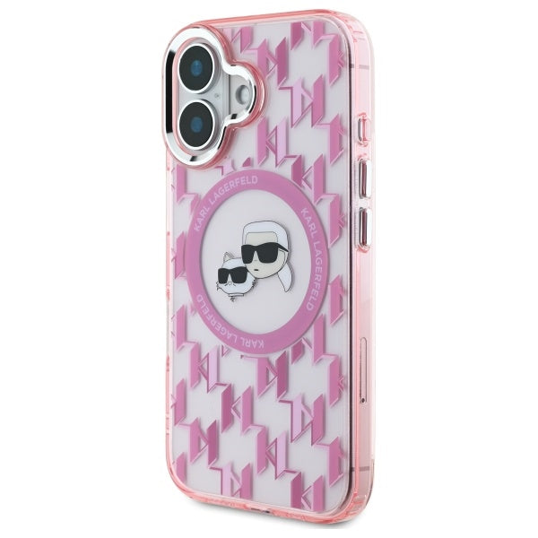 MagSafe Hülle für Apple iPhone 16, Karl Lagerfeld, IML Monogramm Karl & Choupette's Köpfe, Rosa