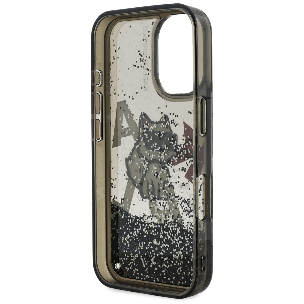 MagSafe Hülle für Apple iPhone 16, Karl Lagerfeld, Liquid Glitter Choupette Logo, Schwarz