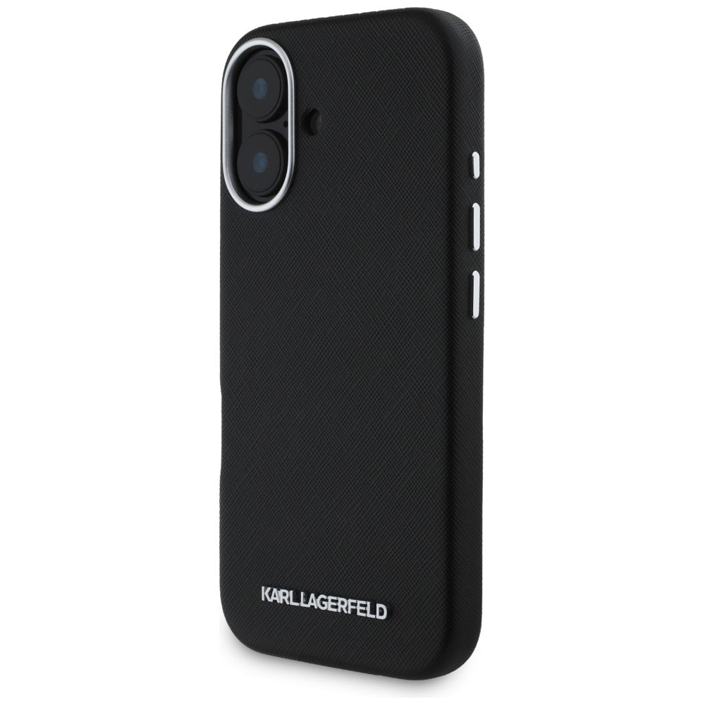 MagSafe Case for Apple iPhone 16, Karl Lagerfeld, Saffiano Full Wrapped Elongated Metal Logo, Black