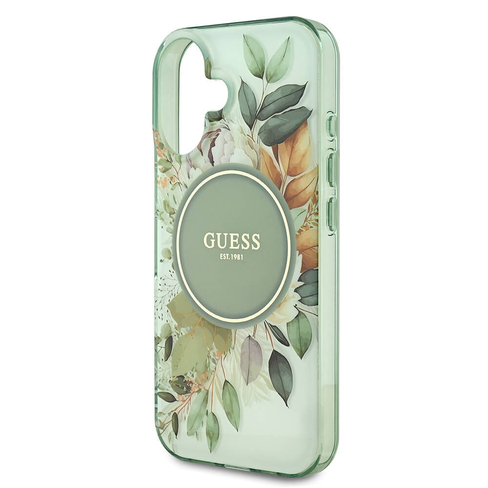 MagSafe Hülle für Apple iPhone 16 Plus, Guess, IML Flower & Tonal Circle, Grün