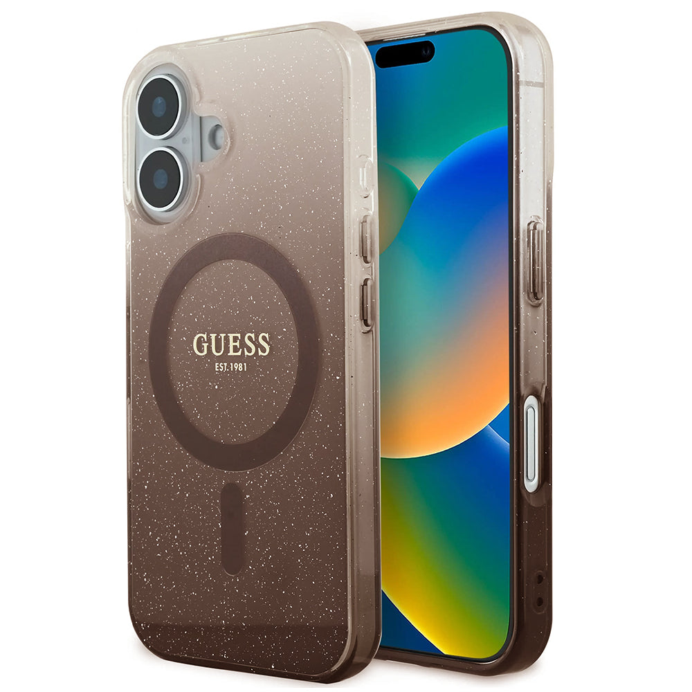 MagSafe Case for Apple iPhone 16 Plus, Guess, IML Glitter Gradient, Brown