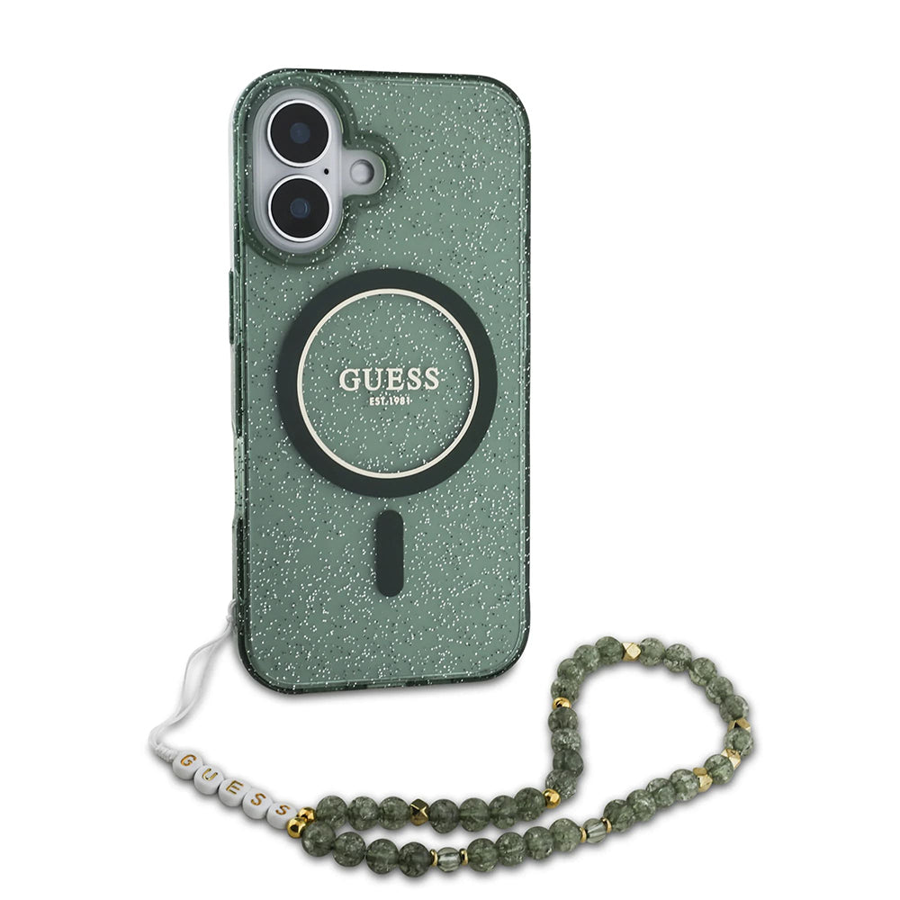 MagSafe Case for Apple iPhone 16 Plus, Guess, IML Glitter with Pearl Strap, Green