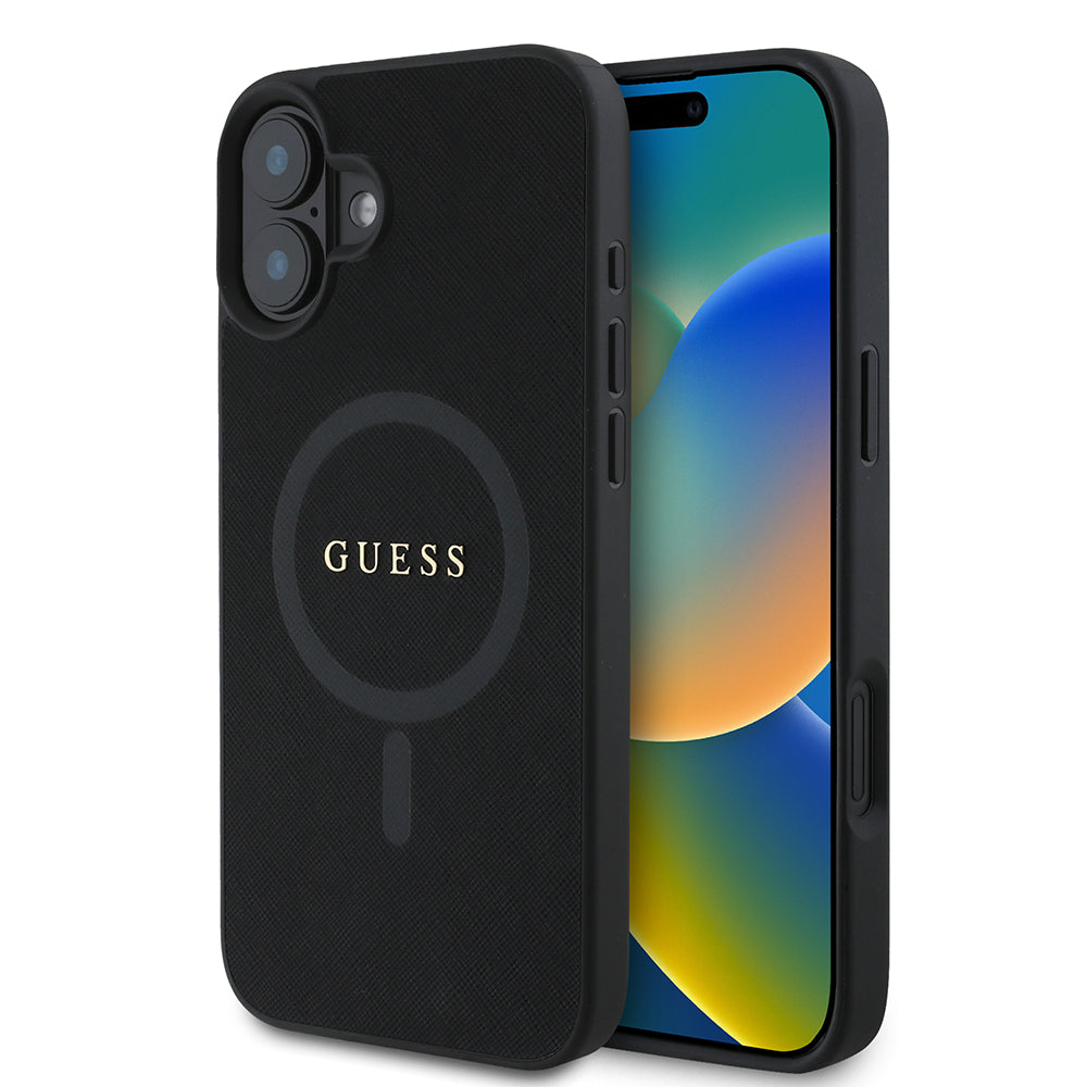 MagSafe Hülle für Apple iPhone 16 Plus, Guess, Saffiano Classic Logo, Schwarz