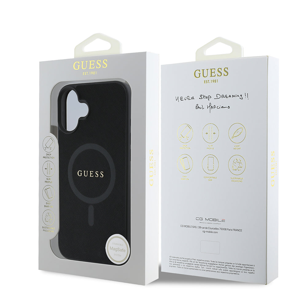 MagSafe Hülle für Apple iPhone 16 Plus, Guess, Saffiano Classic Logo, Schwarz