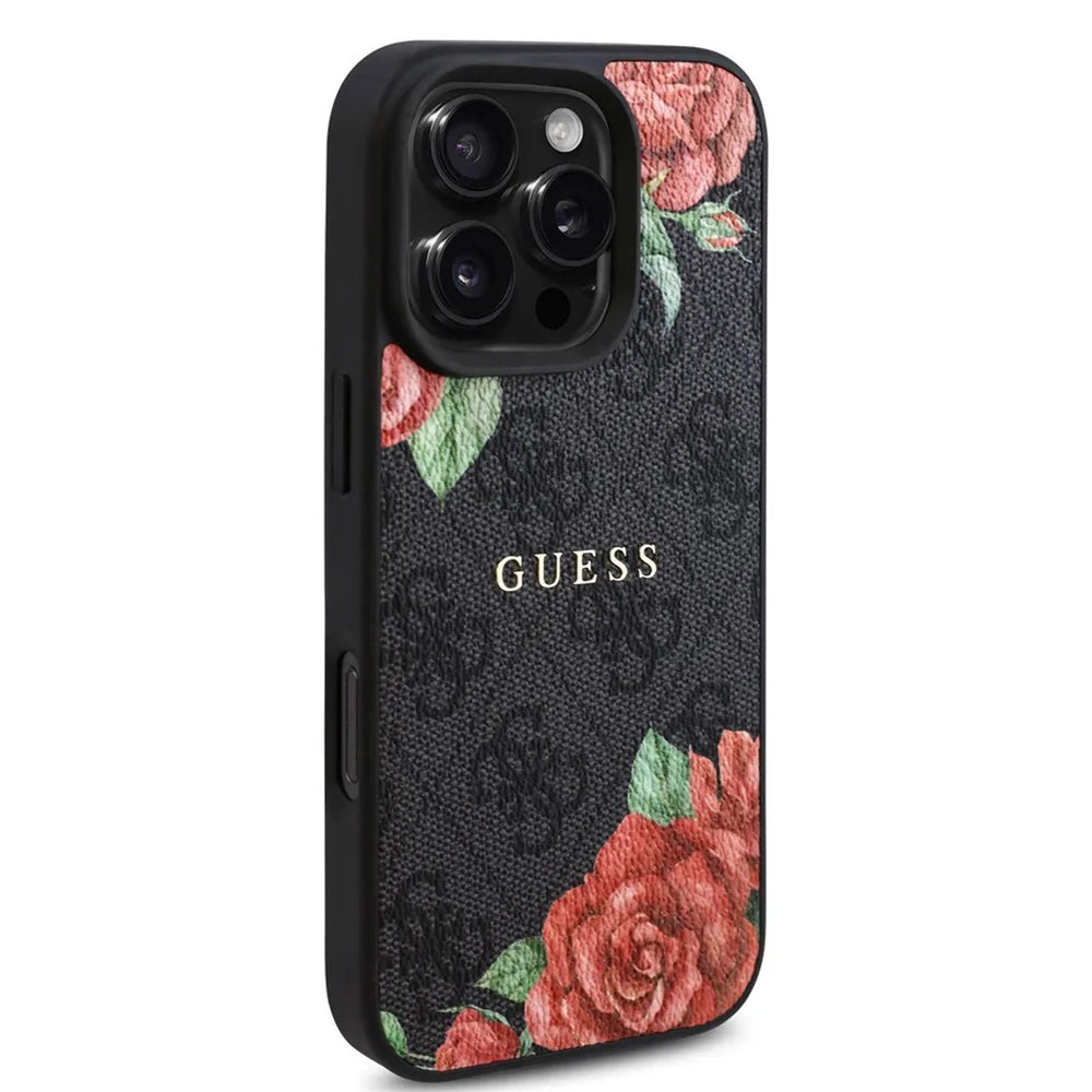 MagSafe Hülle für Apple iPhone 16 Pro, Guess, 4G Flowers Print, Schwarz