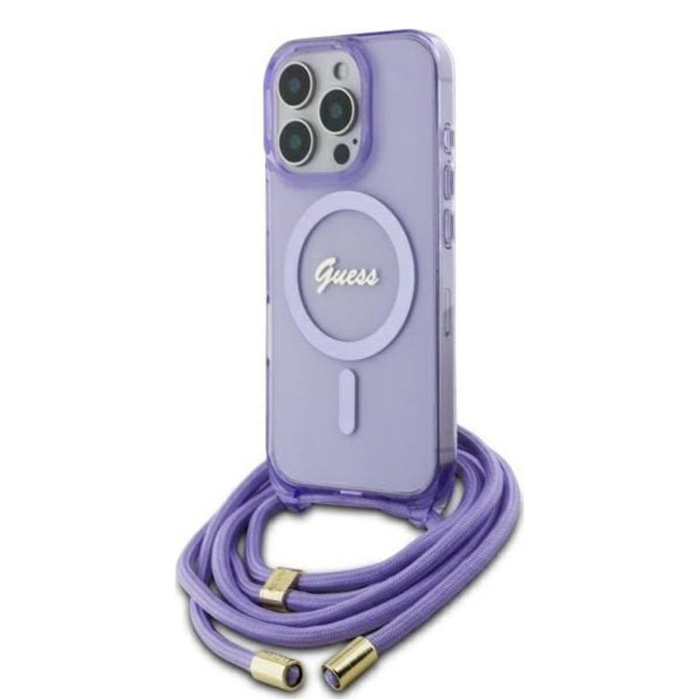 MagSafe Hülle für Apple iPhone 16 Pro, Guess, IML Crossbody Cord Script, Lila