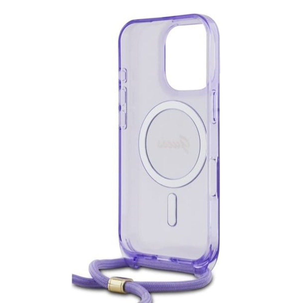 MagSafe Hülle für Apple iPhone 16 Pro, Guess, IML Crossbody Cord Script, Lila