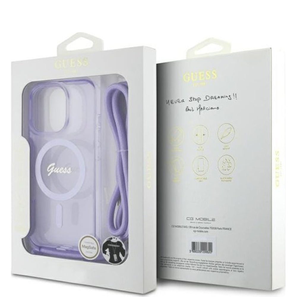 MagSafe Hülle für Apple iPhone 16 Pro, Guess, IML Crossbody Cord Script, Lila