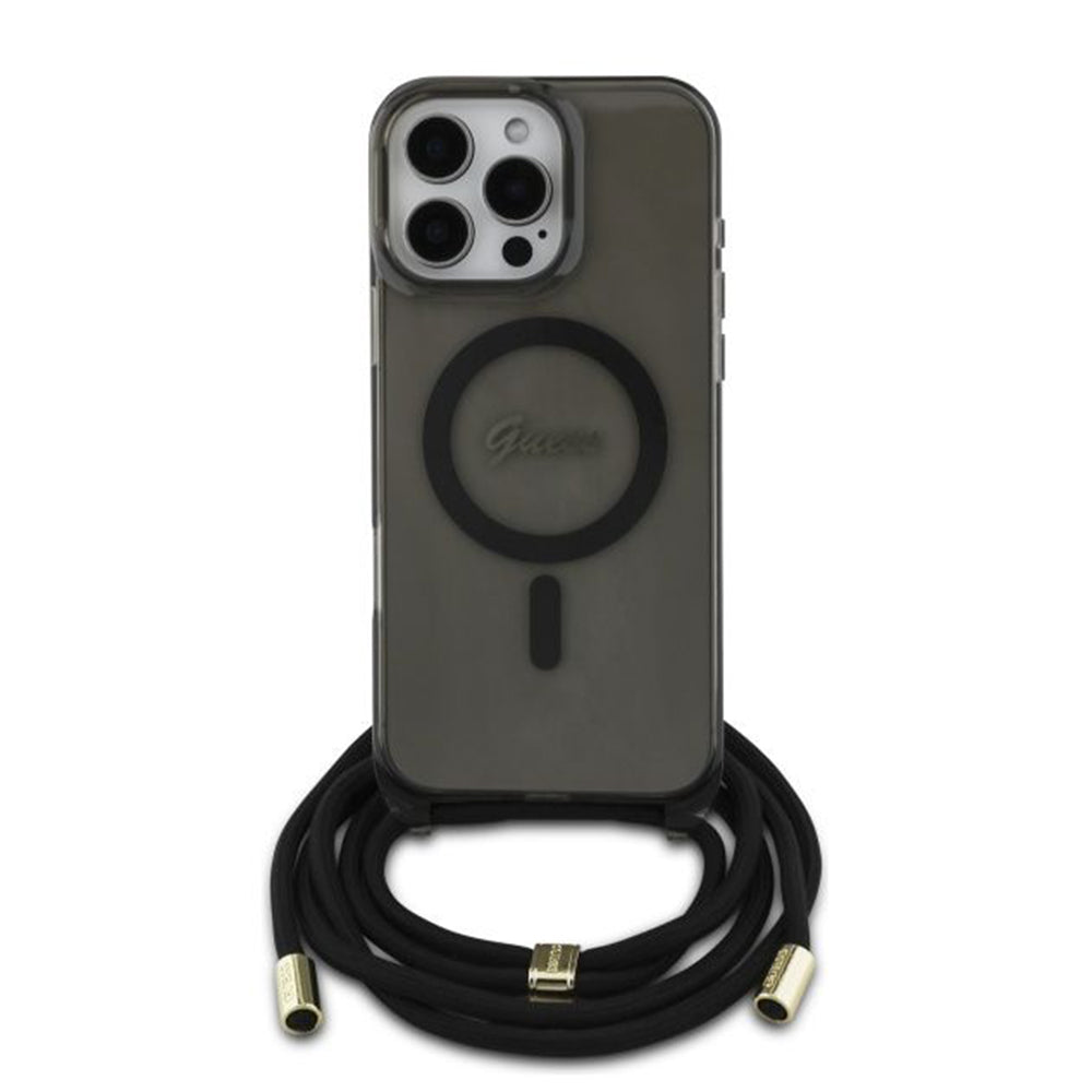 MagSafe Hülle für Apple iPhone 16 Pro, Guess, IML Crossbody Cord Script, Schwarz