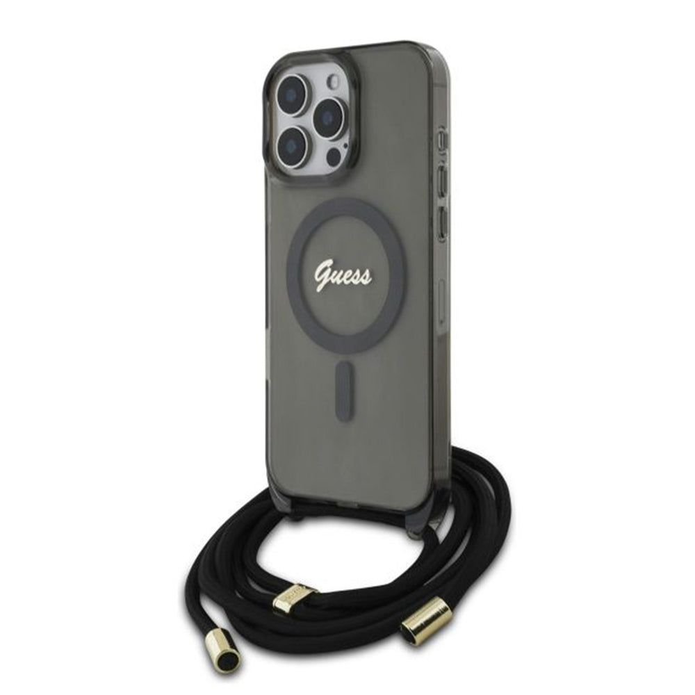 MagSafe Hülle für Apple iPhone 16 Pro, Guess, IML Crossbody Cord Script, Schwarz
