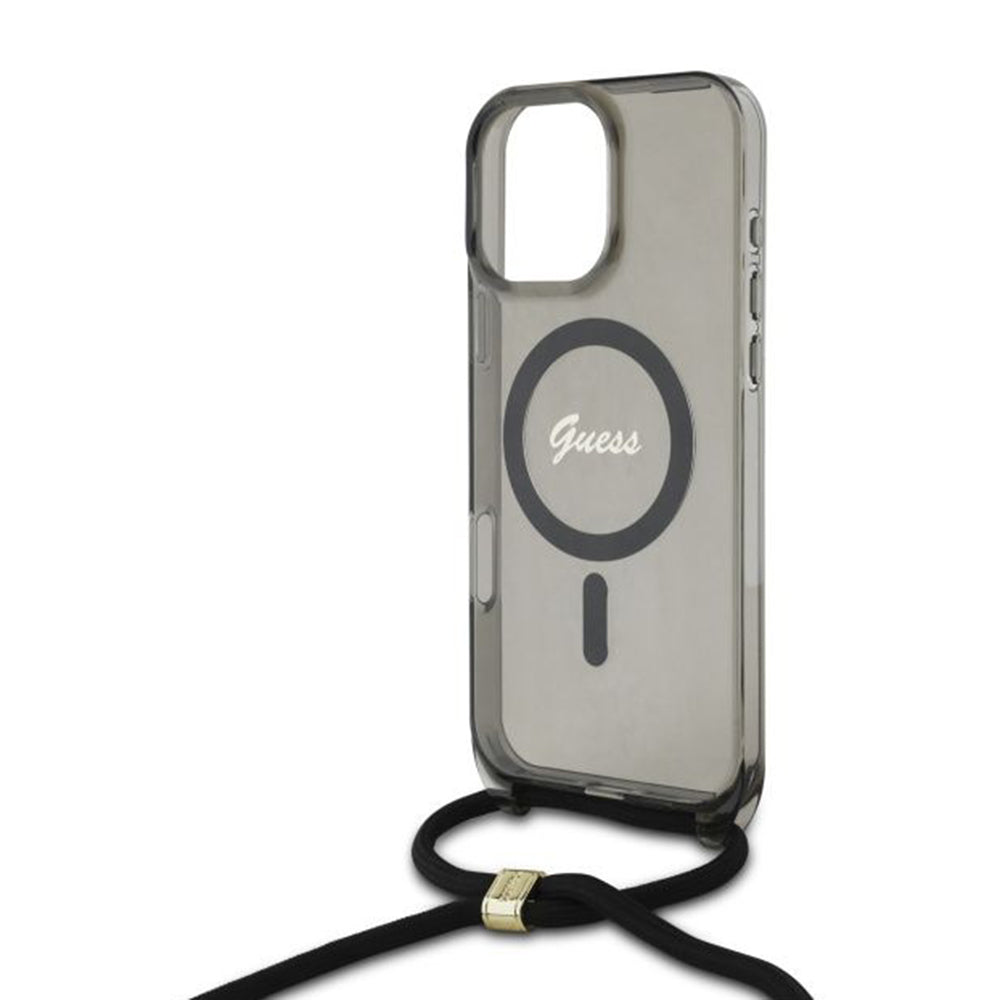 MagSafe Hülle für Apple iPhone 16 Pro, Guess, IML Crossbody Cord Script, Schwarz