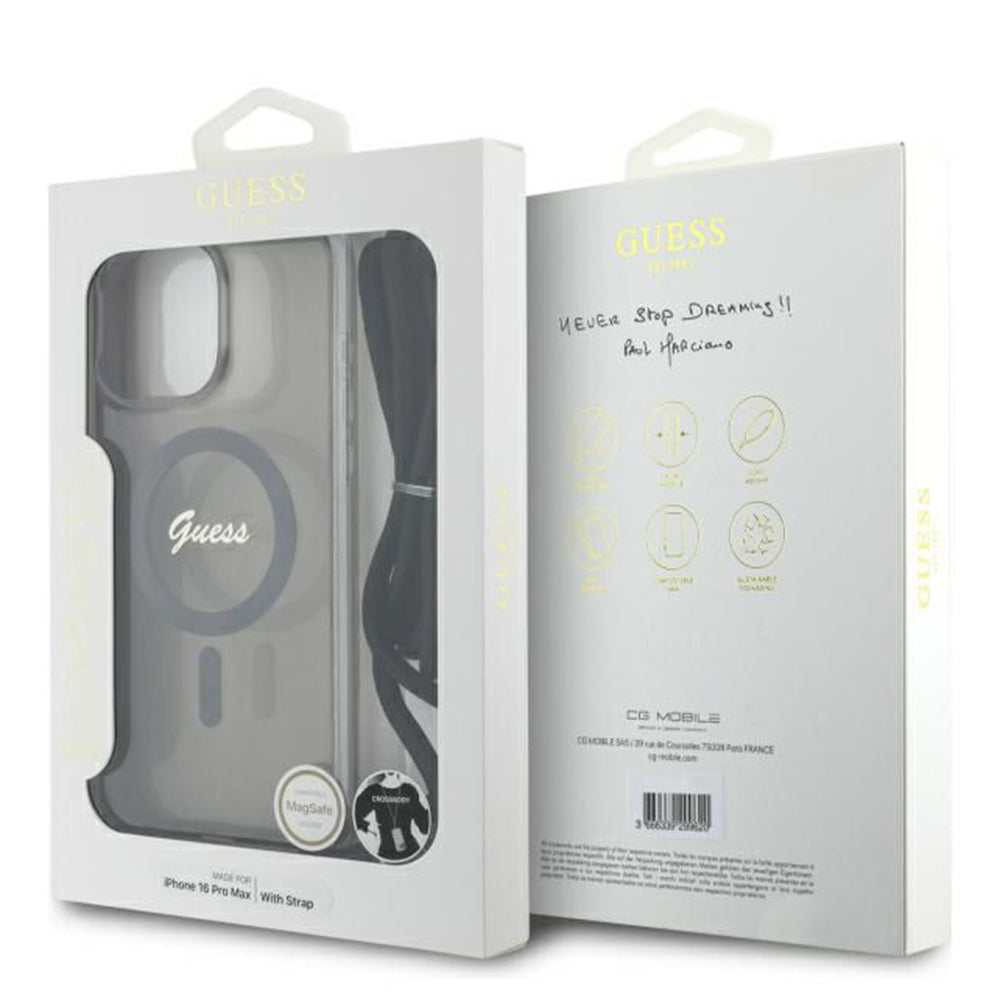MagSafe Hülle für Apple iPhone 16 Pro, Guess, IML Crossbody Cord Script, Schwarz