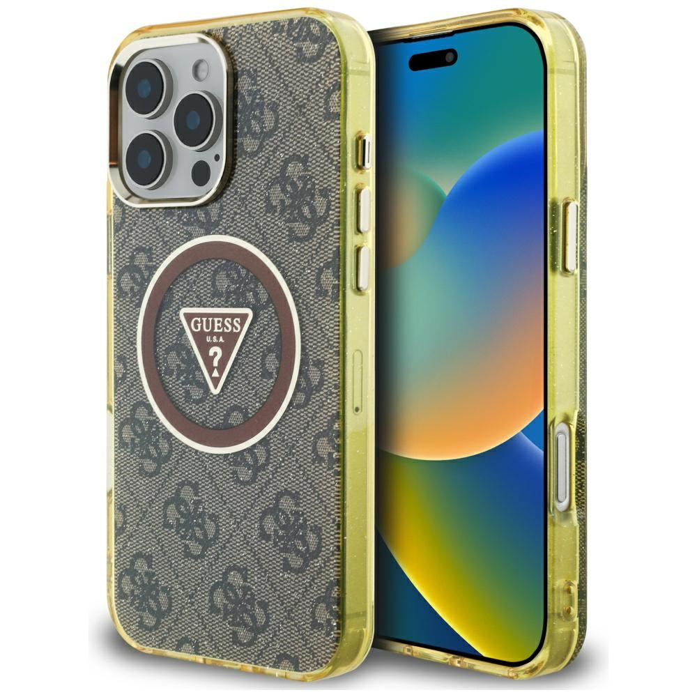 MagSafe Hülle für Apple iPhone 16 Pro, Guess, IML Glitter 4G Circle Triangle, Braun