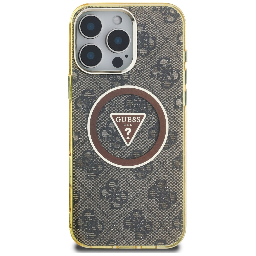 MagSafe Hülle für Apple iPhone 16 Pro, Guess, IML Glitter 4G Circle Triangle, Braun