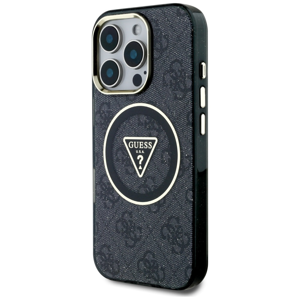 MagSafe Hülle für Apple iPhone 16 Pro, Guess, IML Glitter 4G Circle Triangle, Schwarz