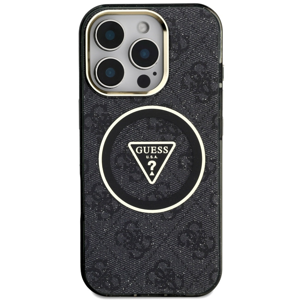 MagSafe Hülle für Apple iPhone 16 Pro, Guess, IML Glitter 4G Circle Triangle, Schwarz