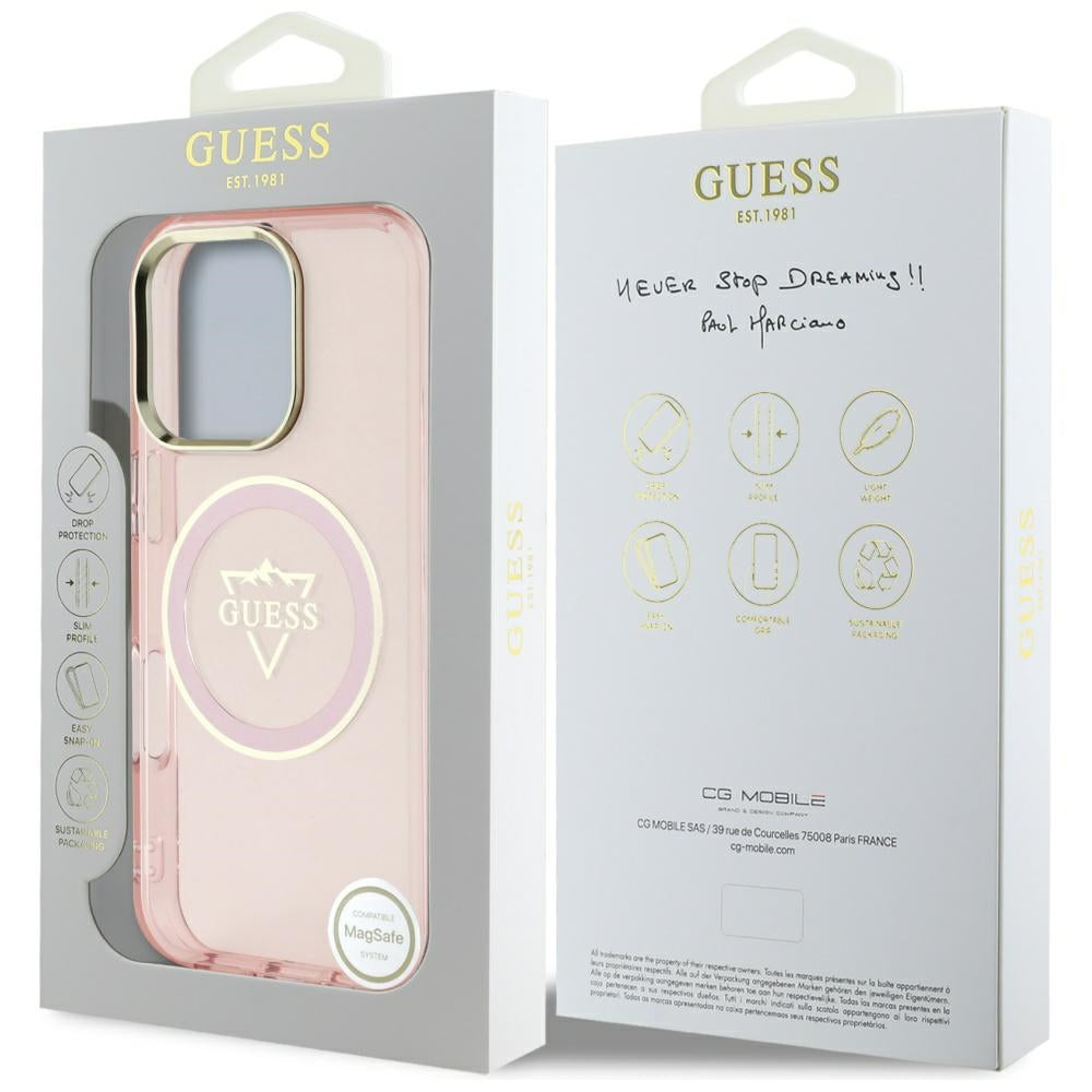MagSafe Case for Apple iPhone 16 Pro, Guess, IML Metal Mountain Logo, Pink