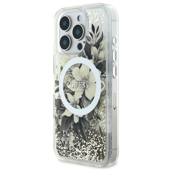 MagSafe Hülle für Apple iPhone 16 Pro, Guess, Liquid Glitter Flower, Beige
