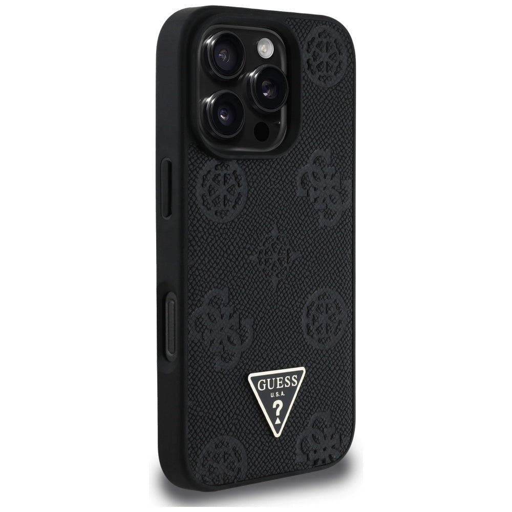 MagSafe Case for Apple iPhone 16 Pro, Guess, Peony Grained Hot Stamp Triangle, Black
