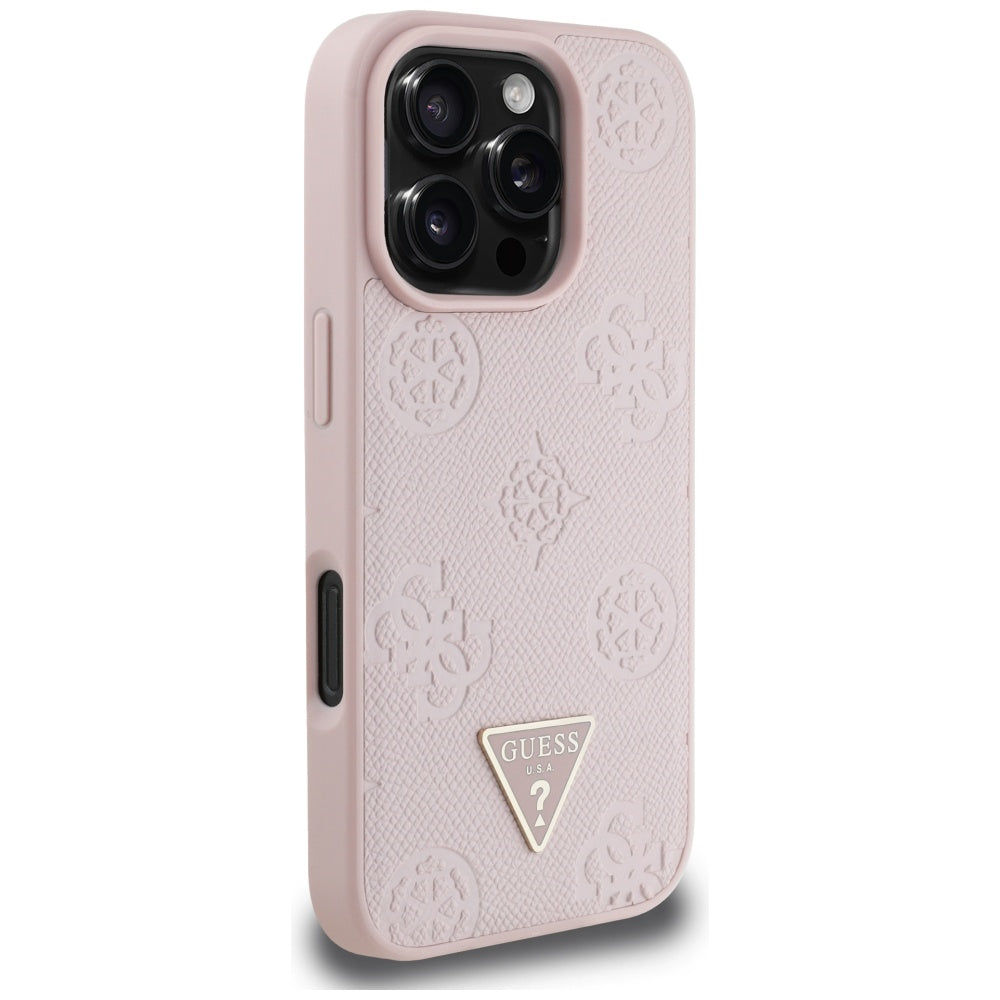 MagSafe Hülle für Apple iPhone 16 Pro, Guess, Peony Grained Hot Stamp Triangle, Rosa
