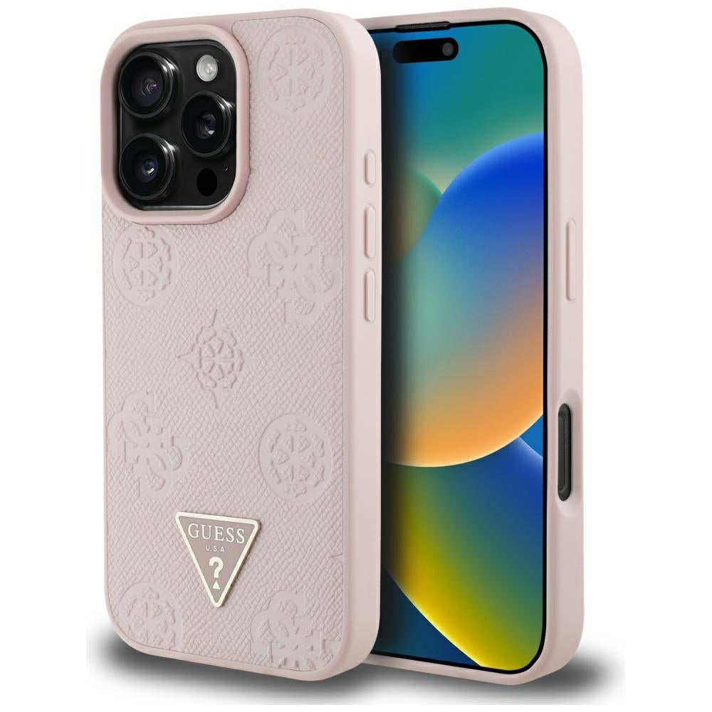 MagSafe Hülle für Apple iPhone 16 Pro, Guess, Peony Grained Hot Stamp Triangle, Rosa