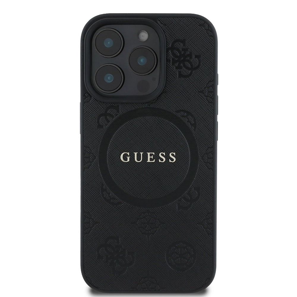 MagSafe Case for Apple iPhone 16 Pro, Guess, Saffiano Peony Classic Logo, Black