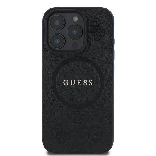 MagSafe Hülle für Apple iPhone 16 Pro, Guess, Saffiano Peony Classic Logo, Schwarz