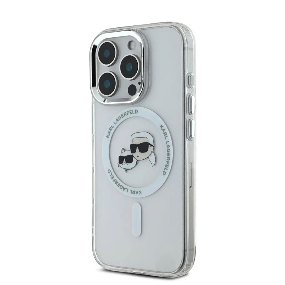 MagSafe Hülle für Apple iPhone 16 Pro, Karl Lagerfeld, IML Metal Karl & Choupette's Heads, Weiß.