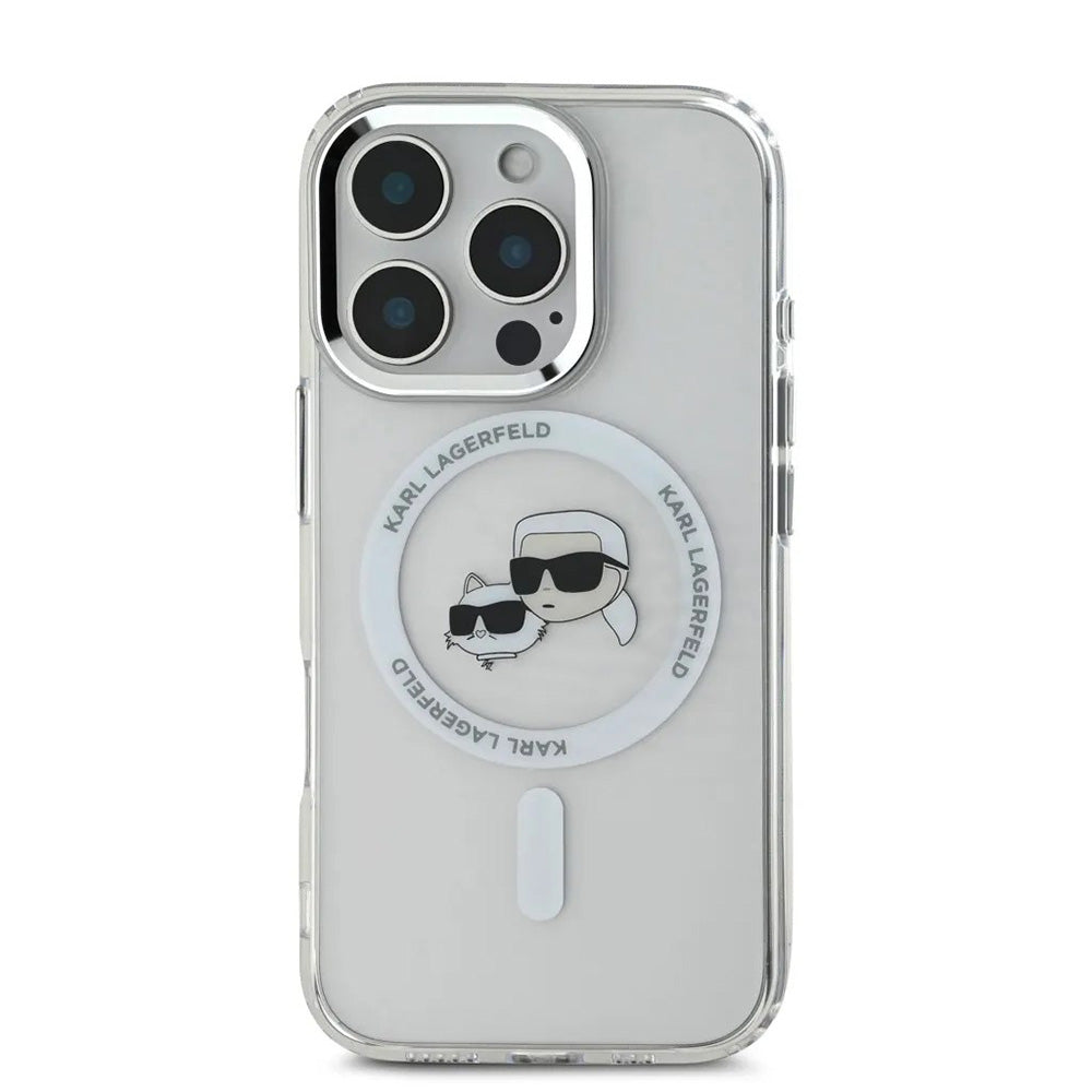 MagSafe Hülle für Apple iPhone 16 Pro, Karl Lagerfeld, IML Metal Karl & Choupette's Heads, Weiß.