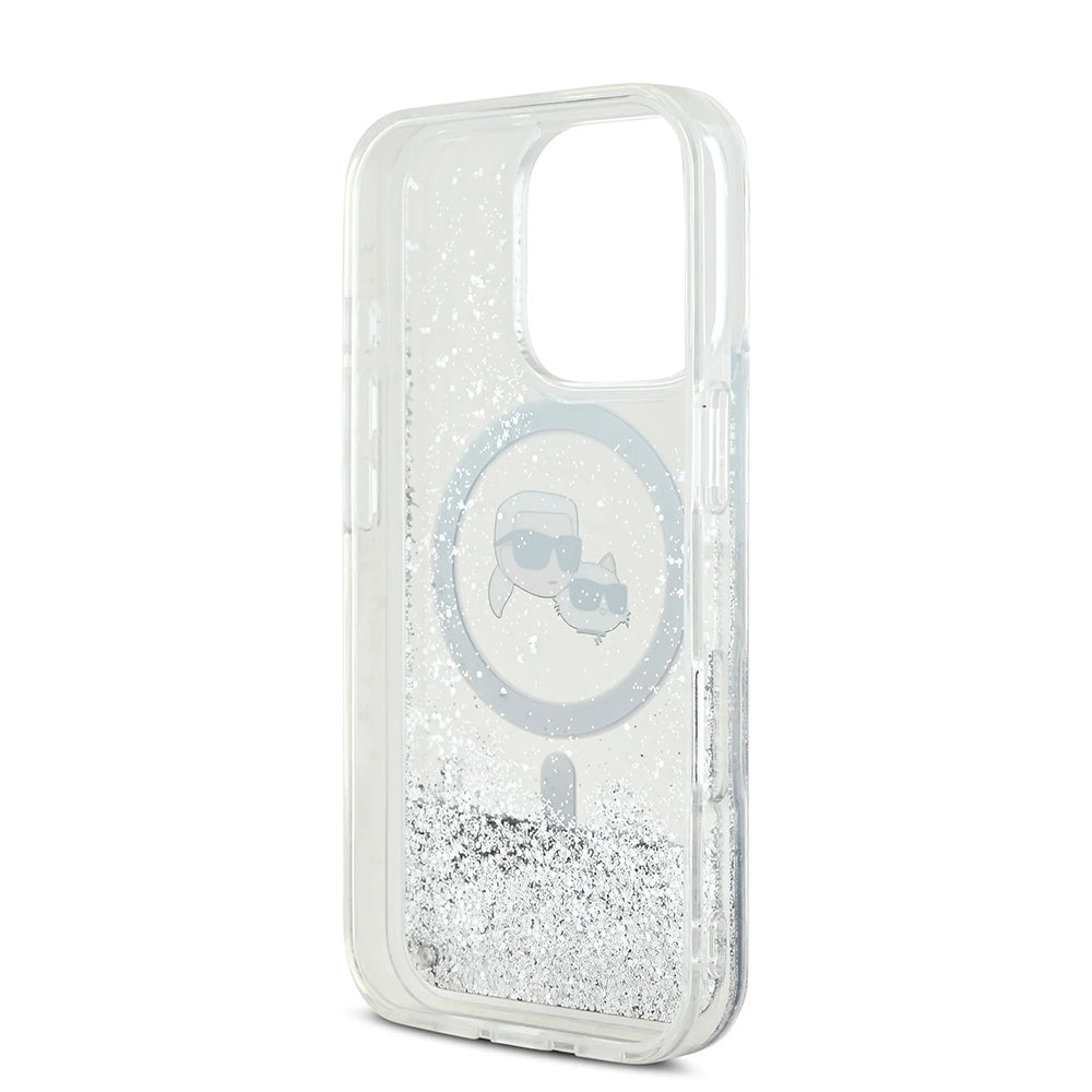 MagSafe Hülle für Apple iPhone 16 Pro, Karl Lagerfeld, Liquid Glitter Karl & Choupette's Heads, Transparent
