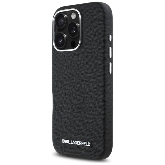 MagSafe Hülle für Apple iPhone 16 Pro, Karl Lagerfeld, Saffiano Full Wrapped Elongated Metal Logo, Schwarz