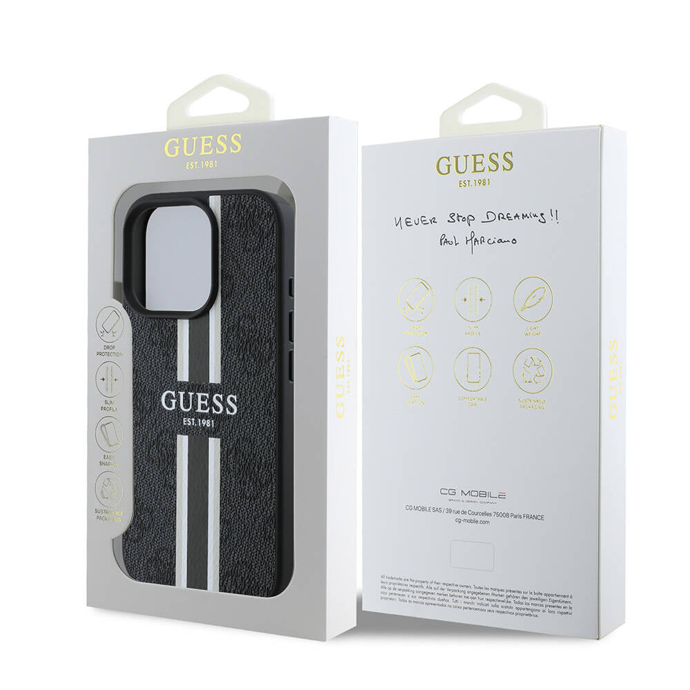 MagSafe Hülle für Apple iPhone 16 Pro Max, Guess, 4G Printed Stripes, Schwarz