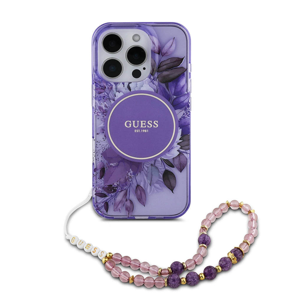 MagSafe Hülle für Apple iPhone 16 Pro Max, Guess, IML Flowers with Pearl Strap, Lila