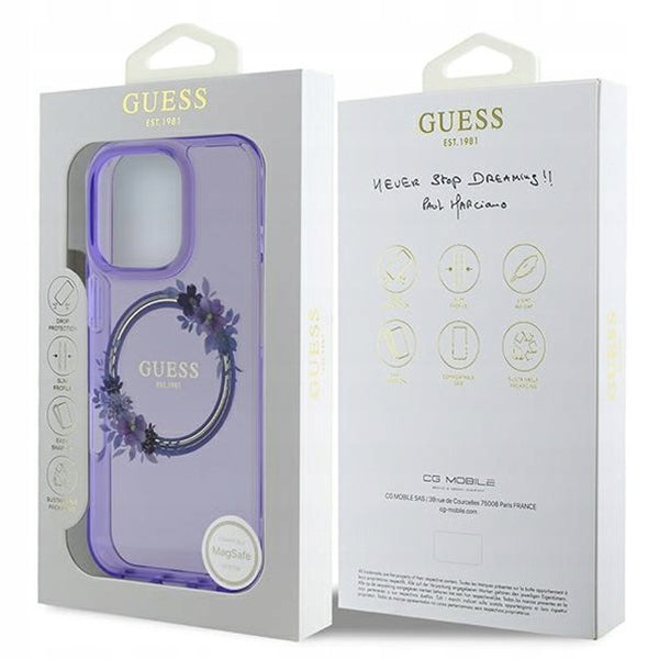MagSafe Case for Apple iPhone 16 Pro Max, Guess, IML Flowers Wreath, Purple