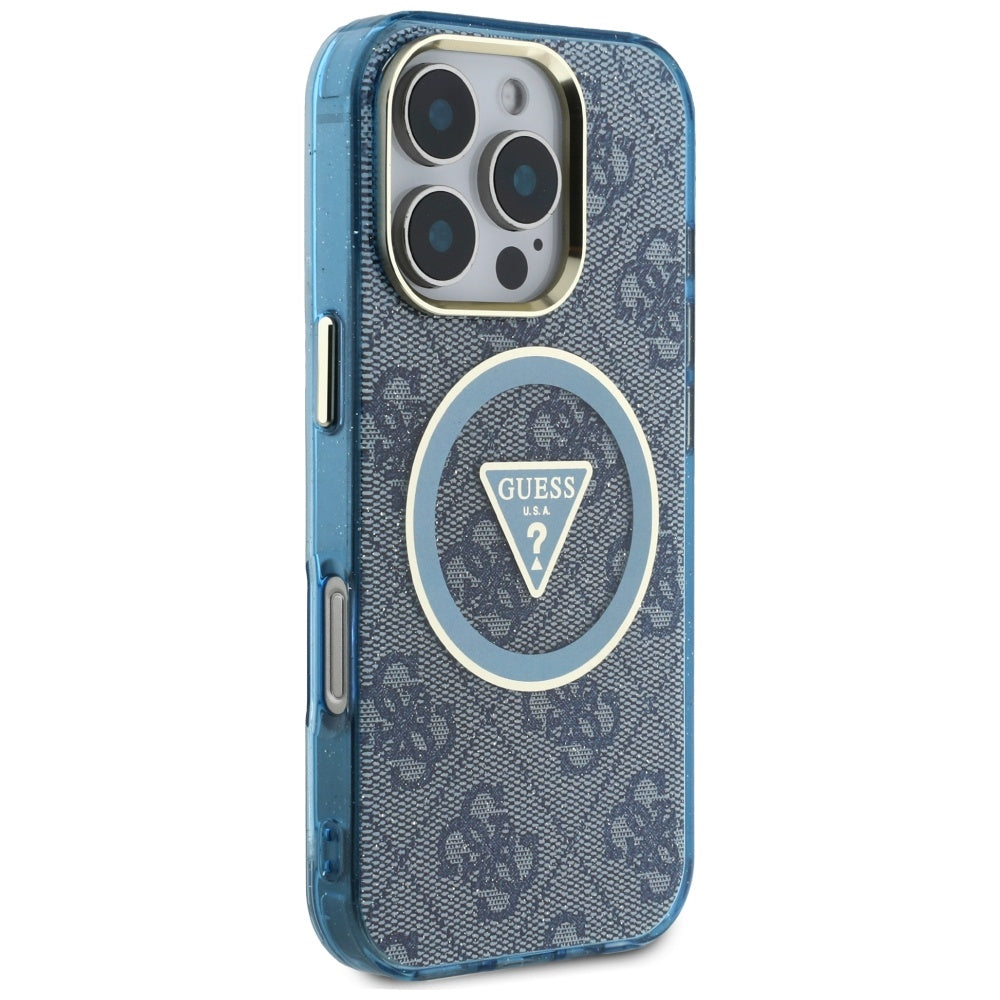 MagSafe Hülle für Apple iPhone 16 Pro Max, Guess, IML Glitter 4G Circle Triangle, Blau