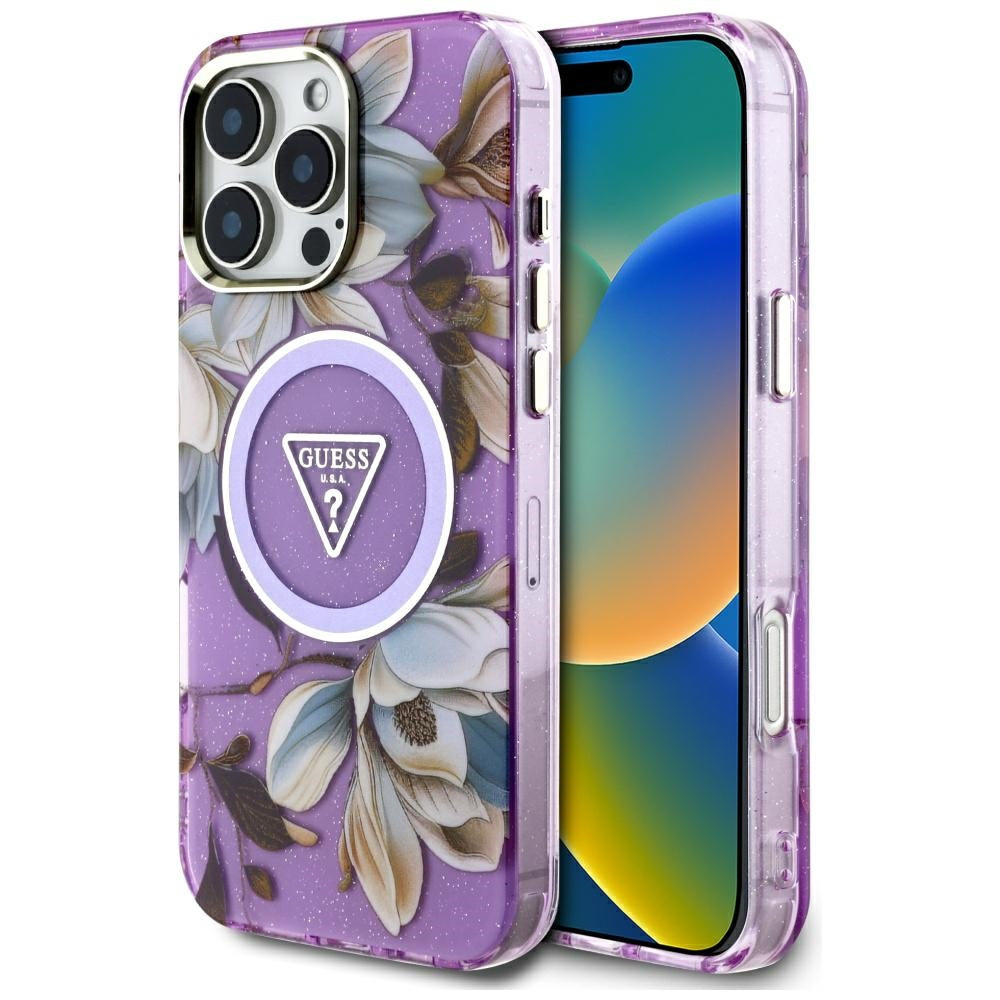 MagSafe Hülle für Apple iPhone 16 Pro Max, Guess, IML Metal Glitter Flowers Triangle, Lila