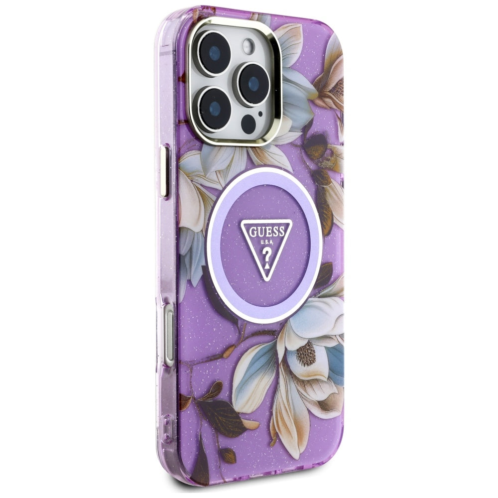 MagSafe Hülle für Apple iPhone 16 Pro Max, Guess, IML Metal Glitter Flowers Triangle, Lila