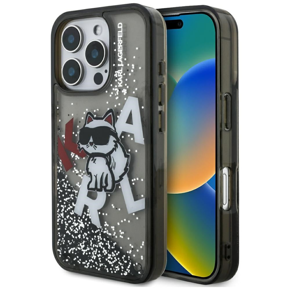 MagSafe Hülle für Apple iPhone 16 Pro Max, Karl Lagerfeld, Liquid Glitter Choupette Logo, Schwarz