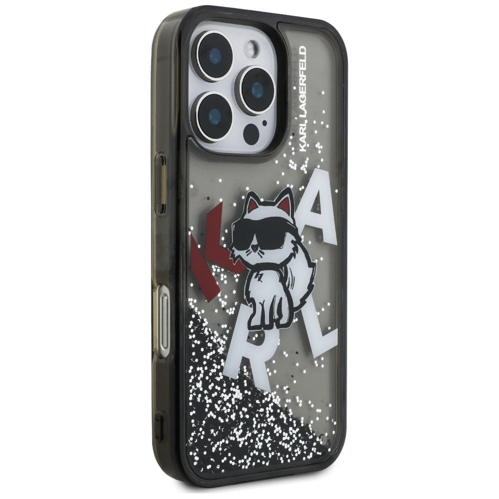 MagSafe Hülle für Apple iPhone 16 Pro Max, Karl Lagerfeld, Liquid Glitter Choupette Logo, Schwarz