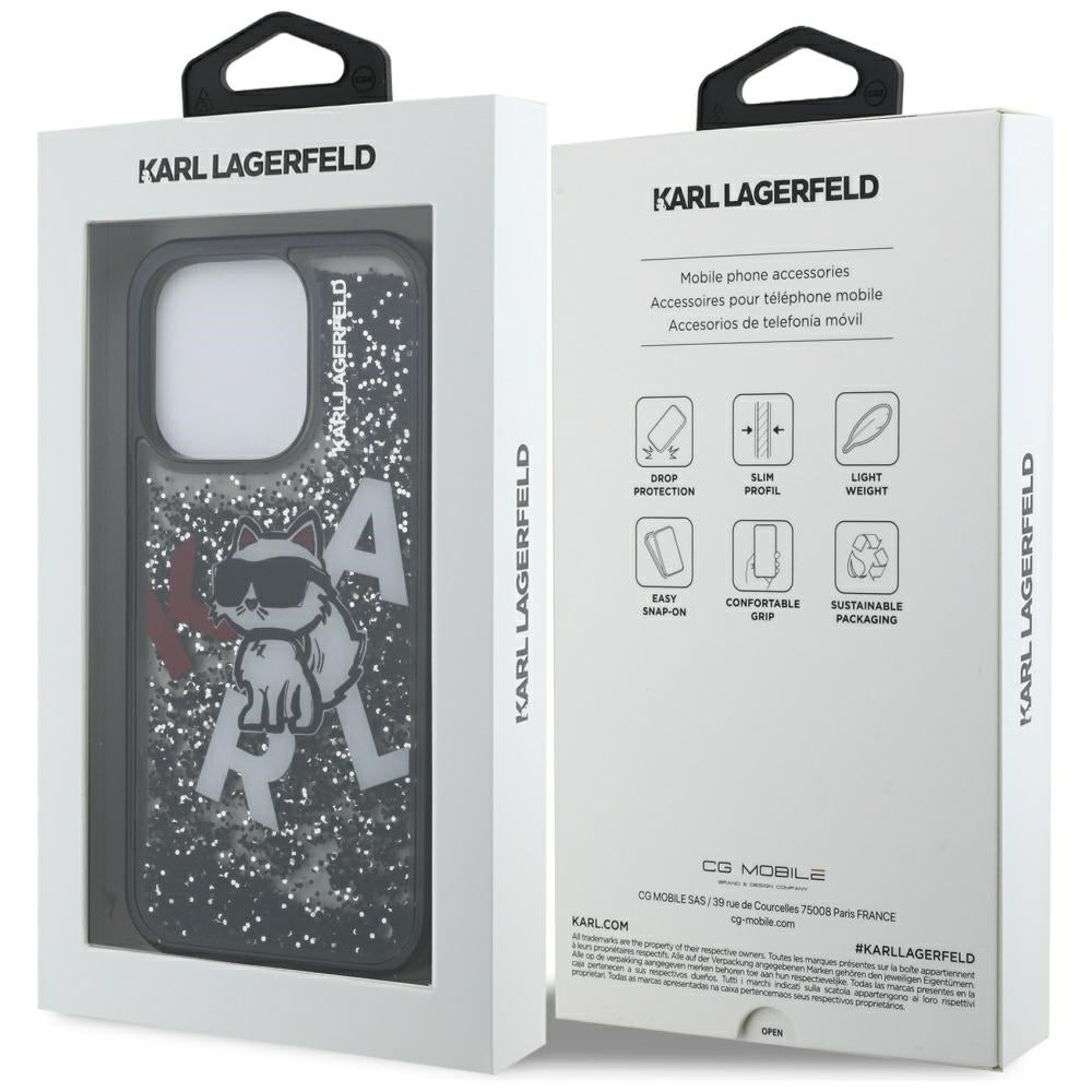 MagSafe Hülle für Apple iPhone 16 Pro Max, Karl Lagerfeld, Liquid Glitter Choupette Logo, Schwarz