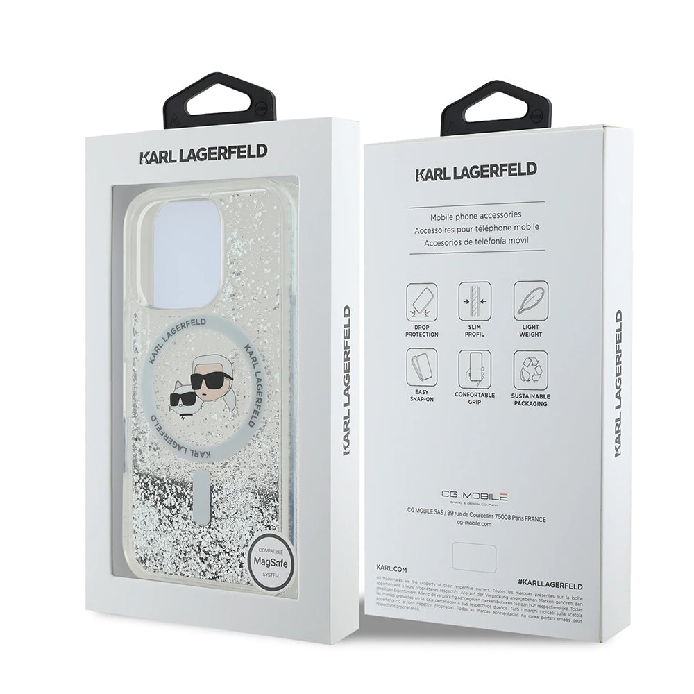 MagSafe Case for Apple iPhone 16 Pro Max, Karl Lagerfeld, Liquid Glitter Karl & Choupette's Heads, Transparent