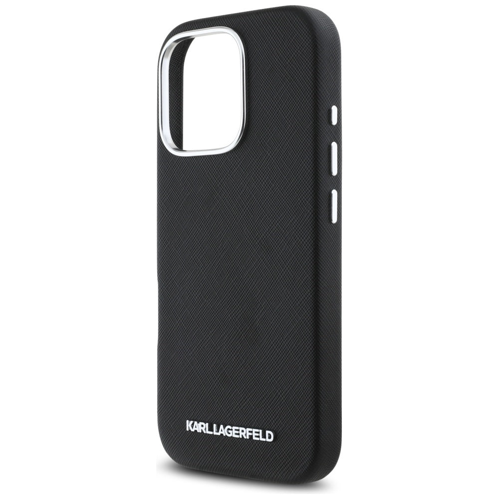 MagSafe Hülle für Apple iPhone 16 Pro Max, Karl Lagerfeld, Saffiano Full Wrapped Elongated Metal Logo, Schwarz