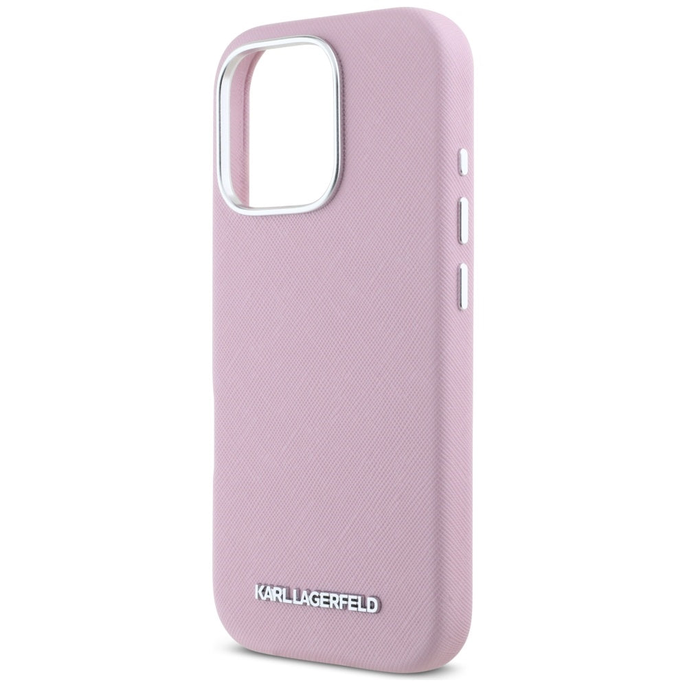 MagSafe Case for Apple iPhone 16 Pro Max, Karl Lagerfeld, Saffiano Full Wrapped Elongated Metal Logo, Pink