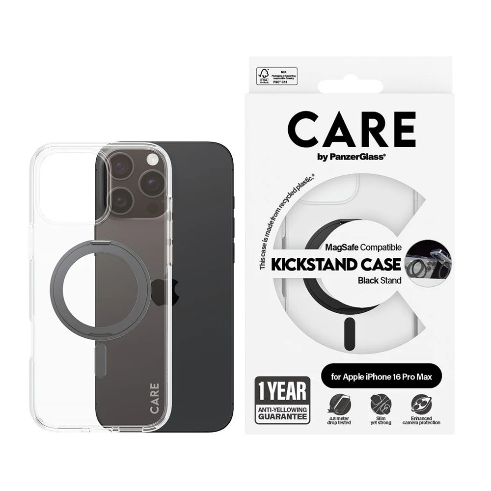 MagSafe Hülle für Apple iPhone 16 Pro Max, PanzerGlass, Care Feature Kickstand, Transparent Schwarz