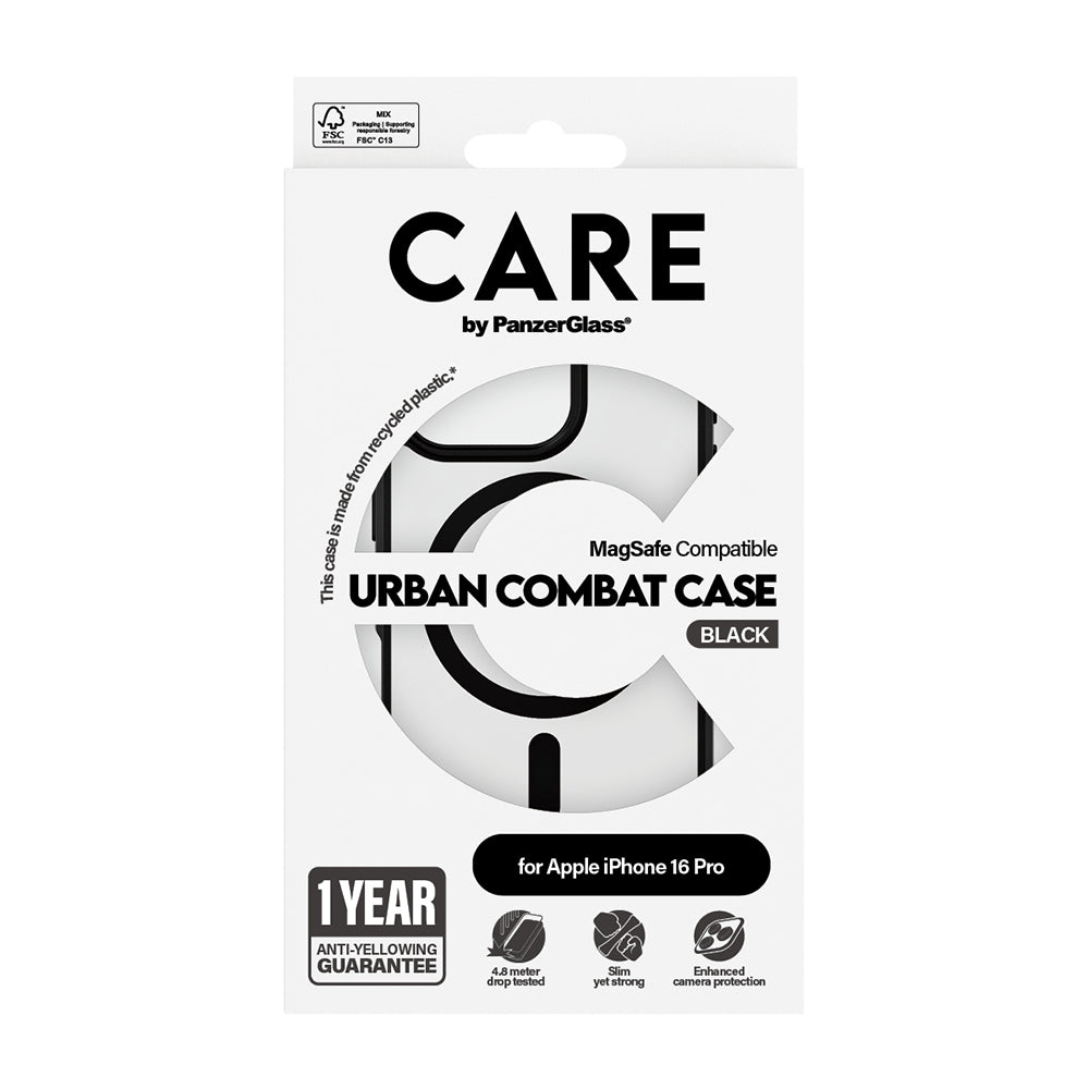 MagSafe Hülle für Apple iPhone 16 Pro, PanzerGlass, Care Urban Combat, Schwarz Transparent