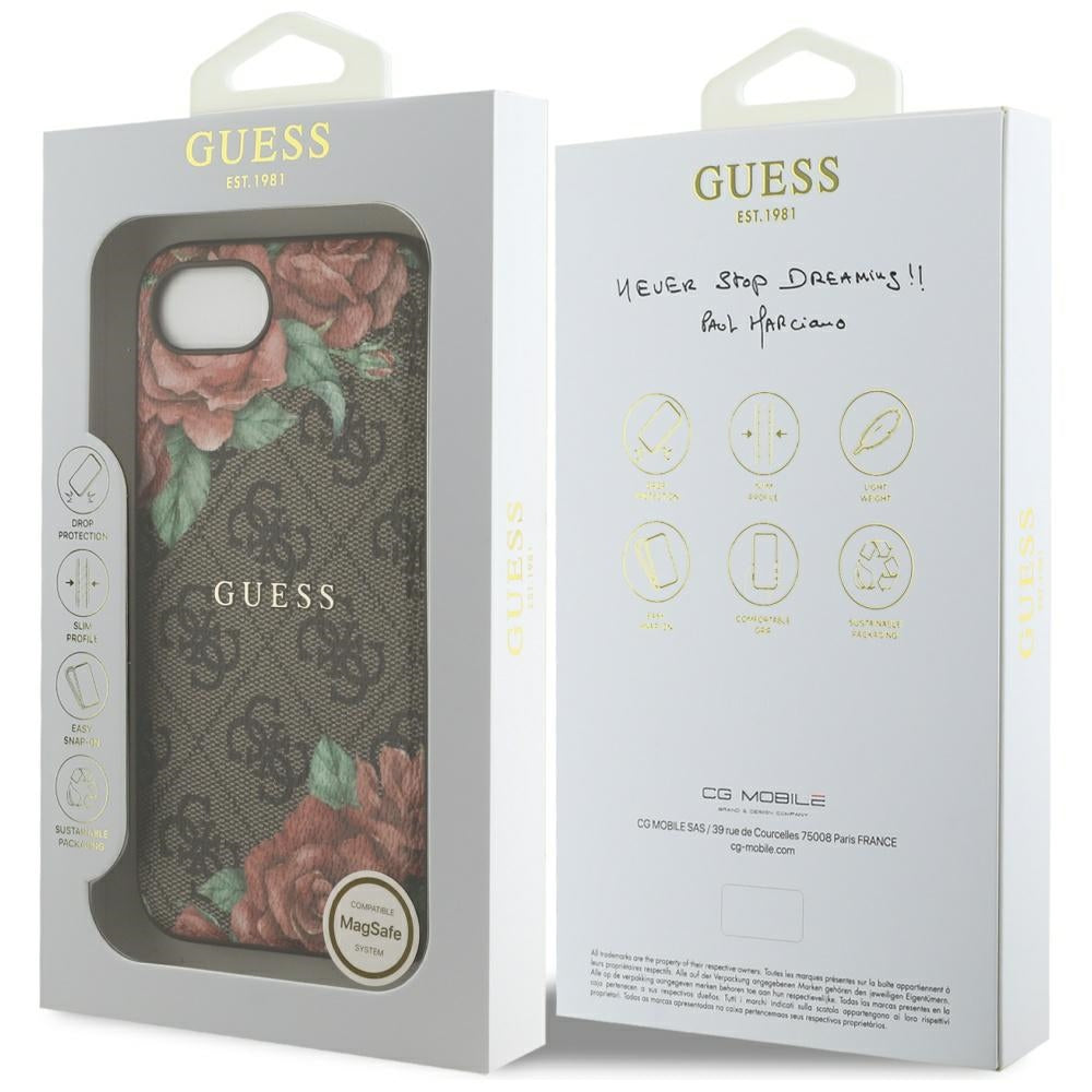 MagSafe Hülle für Apple iPhone 17e / 16e, Guess, 4G Flowers Print, Braun